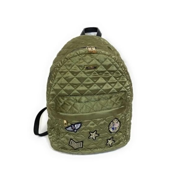 Aldo Womens Satin Quilted Backpack in Olive Army Green Patchwork Detail main image 8